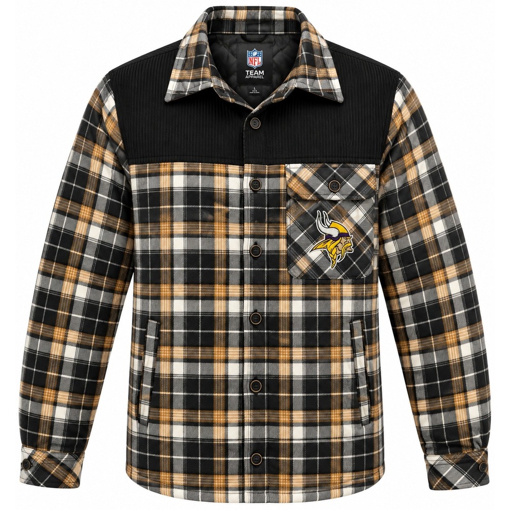 NFL Minnesota Vikings Plaid Shacket Mens Small Black Tan NWT Flannel Jacket